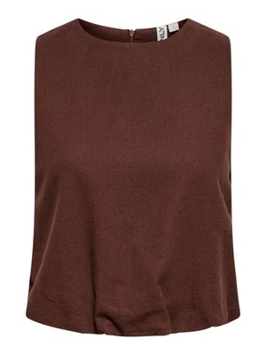 Varrukateta pruun top ümarate kaelustega ja tagumise luku sulgemisega, valmistatud pehmest ja siledast kangast, suurus väike.