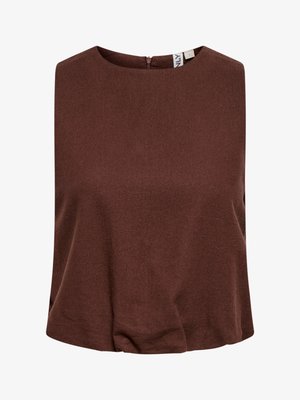 Hnedý top bez rukávov s okrúhlym výstrihom a zadným zapínaním na zips, vyrobený z mäkkej, hladkej látky, veľkosť malá.