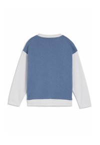 Sudadera de mezcla de algodón con cuerpo azul y mangas largas blancas. Cuello redondo, dobladillo acanalado y textura suave.