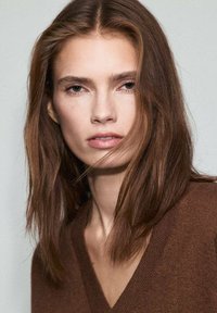 Retrato de una persona con cabello largo, liso y castaño claro, con una expresión neutra. Lleva un suéter marrón de cuello en V profundo sobre un fondo claro.