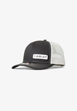 Black and white mesh trucker cap with curved brim and "ARIAT" logo patch on the front panel.