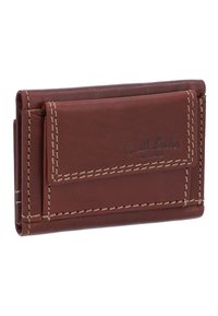 Brown leather wallet with beige stitching, rectangular shape, features a front pocket and embossed brand name, smooth texture.