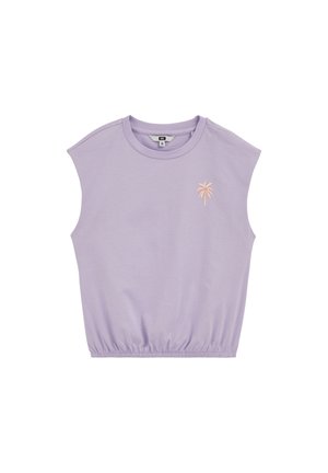 Bezruký levanduľový crop top s okrúhlym výstrihom a malou ružovou palmou vyšívanou na ľavej strane hrudníka, elastický lem v páse.