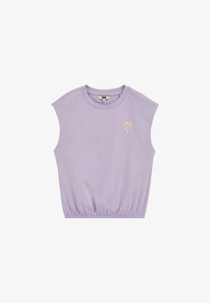 Bezrękawnik w kolorze lawendy z okrągłym dekoltem i małym różowym haftem palmy na lewej piersi, elastyczny dół w talii.