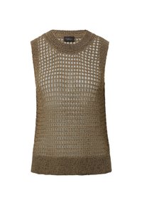 Mouwloze, losgebreide top in aards bruin, met een ronde halslijn en een gaasachtige textielpatroon met een vast onderste band.