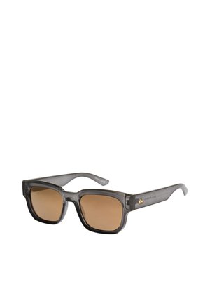 Gray plastic sunglasses with brown lenses, rectangular shape, and subtle gold detailing on the arms. Textured finish, modern design.