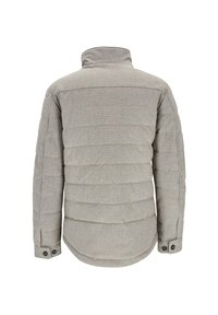 Grijze gewatteerde jas met een hoge kraag, met knopen verstelbare manchetten en horizontale stiksels. Gemaakt van textuurstof met een gladde afwerking.