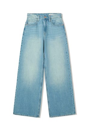 Jeans azzurri a gamba larga realizzati in denim. Caratterizzati da vita alta, design a cinque tasche e una finitura leggermente sbiadita con cuciture a contrasto.