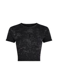 T-shirt nera corta realizzata in un tessuto testurizzato. Maniche corte, scollo rotondo, con un logo sottile al centro.