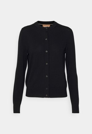 Cardigan nero a maglia con maniche lunghe, scollo rotondo e chiusura a bottoni. Presenta una trama sottile e una silhouette aderente.