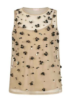 Top smanicato beige trasparente con paillettes nere e argento sparse e cucite a grappoli sul davanti e intorno allo scollo.