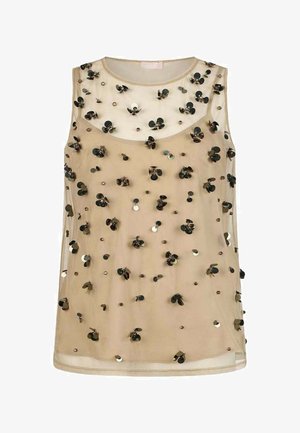 Top smanicato beige trasparente con paillettes nere e argento sparse e cucite a grappoli sul davanti e intorno allo scollo.