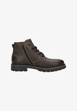 Braune Leder-Ankle-Boots mit einem seitlichen Reißverschluss, runder Zehenpartie, Schnürung an der Vorderseite, strukturiertem Obermaterial und einer robusten Gummisohle.
