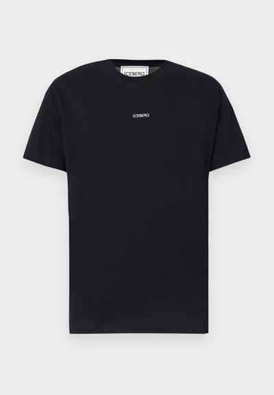 Μαύρο κοντομάνικο μπλουζάκι με στρογγυλή λαιμόκοψη και μικρό λευκό λογότυπο "ICEBERG" στο κέντρο του στήθους, σε απλό φόντο.