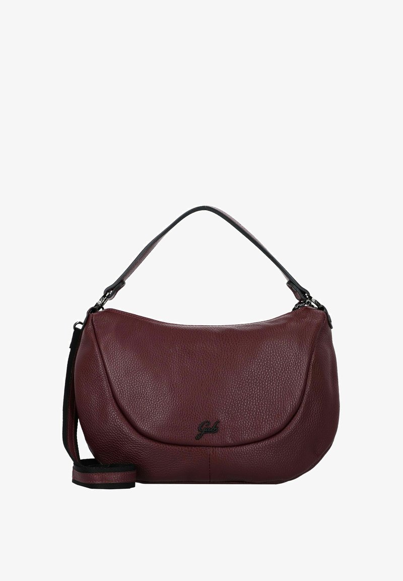 Borsa a mano in pelle granulata rosso scuro con flap curvo, manico corto e tracolla staccabile, con piccolo logo nero sulla parte anteriore.