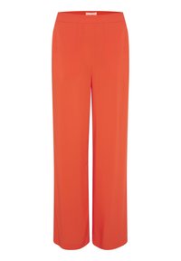 Wijde broek in fel oranje, gemaakt van een gladde stof. Voorzien van een elastische tailleband en zonder zichtbare versieringen of patronen.