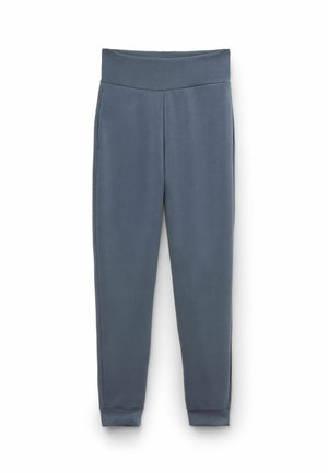 Niebiesko-szare spodnie dresowe z wysokim stanem i ściągaczami przy kostkach, wykonane z miękkiego, elastycznego materiału, odpowiednie do noszenia na co dzień lub podczas aktywności fizycznej.