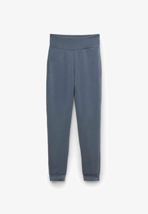 Blauwgrijze joggerbroek met hoge taille en omgeslagen enkels, gemaakt van een zachte, rekbare stof die geschikt is voor casual of sportieve activiteiten.