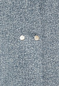 Tessuto a motivo spina di pesce in tonalità di blu chiaro e bianco, con due bottoni color avorio come chiusura. Materiale tessuto e testurizzato.