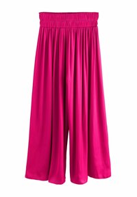 Fuchsia culotter med smockad midja, tillverkade av mjukt, flödande tyg. Har vida ben och en slät, glänsande yta.