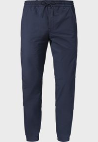 Marineblaue, taillierte Hose aus leichtem Stoff, mit elastischem Bund und Kordelzug sowie seitlichen Taschen. Minimalistisches Design.