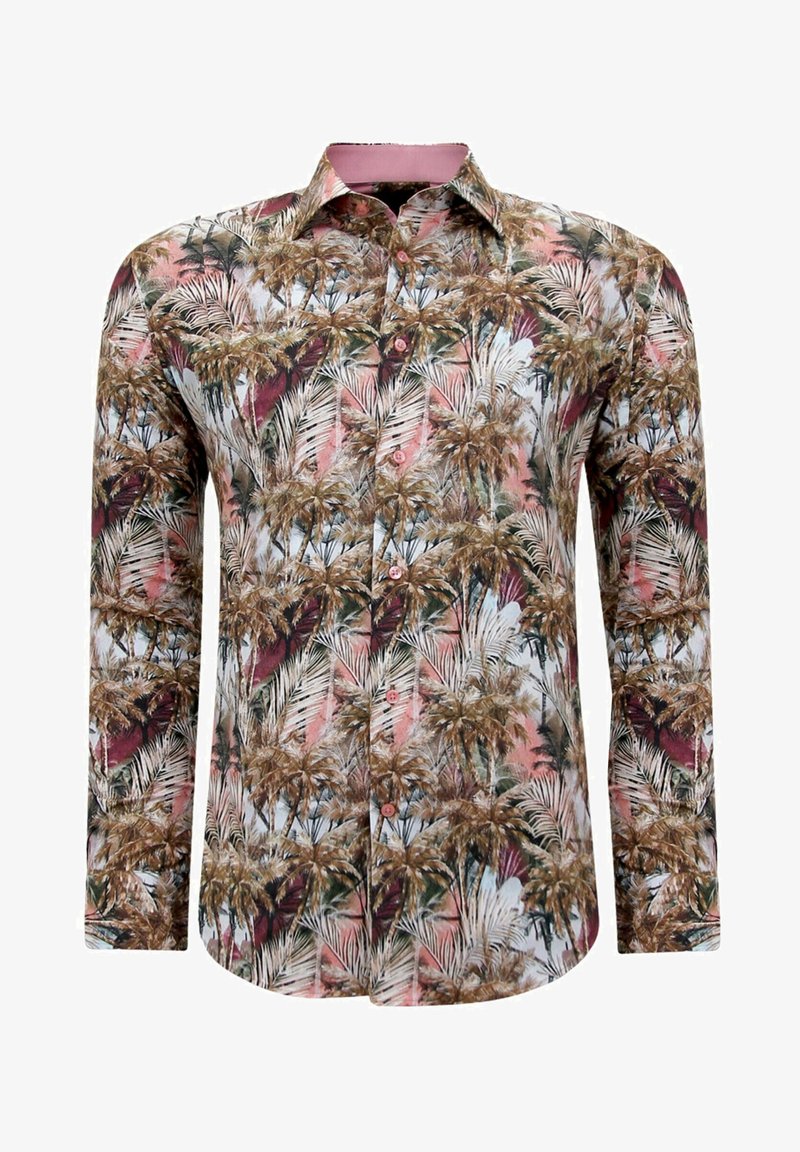 Langarmshirt met een tropisch palmdruivenpatroon in tinten groen, bruin en roze, met een effen roze kraag en knopen aan de voorkant.