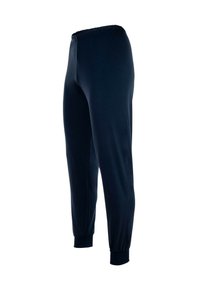 Navyblauwe joggingsbroek van zachte, rekbare stof; voorzien van een elastische tailleband en aansluitende boorden bij de enkels.