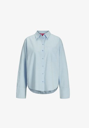 Light blue striped long-sleeve shirt made of soft fabric, featuring a button-up front, a pointed collar, and a chest pocket.