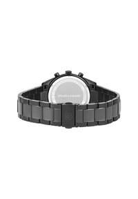 Black stainless steel watch with a link bracelet, silver back, and black accents. Features chronograph buttons and a clasp closure.
