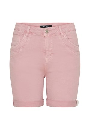 Lyserøde denimshorts med opviklede kanter, forreste knap, bæltestropper og forlommer, mærket Marta inde i taljebåndet.