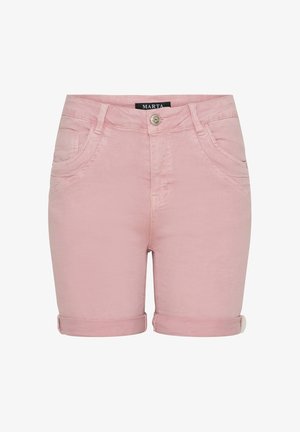 Lyserøde denimshorts med opviklede kanter, forreste knap, bæltestropper og forlommer, mærket Marta inde i taljebåndet.