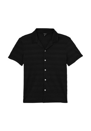 Chemise noire à manches courtes avec motif texturé, col de type camp et cinq boutons blancs sur le devant.