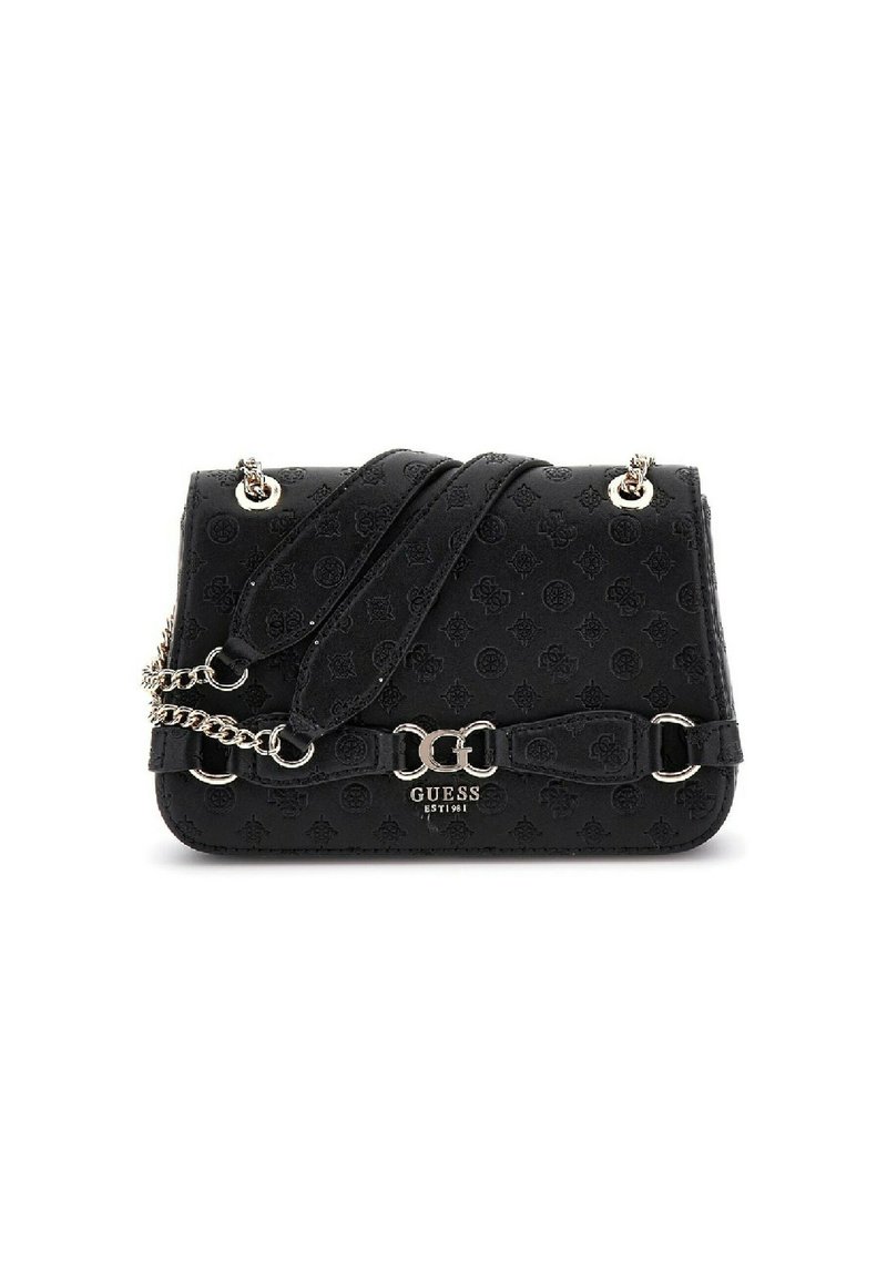 Borsa nera testurizzata con motivo in rilievo, hardware in argento, tracolla regolabile e dettaglio centrale con logo. Presenta un accento a catena.