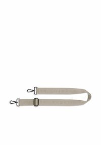 Correa de tela beige con texto "bugatti" en relieve, clips de metal plateado en ambos extremos, longitud ajustable, textura suave, diseño plano.