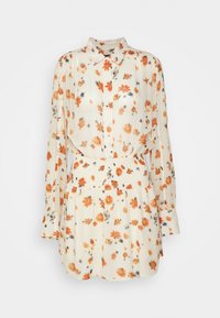 Blomsterkjole i lys creme med orange og grå blomstermønstre, lange ærmer, knaplukning foran og elastisk talje.