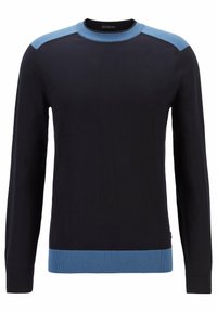 Maglione nero a maniche lunghe con bordo azzurro chiaro alle spalle, al collo e all'orlo, realizzato in pregiato filato italiano.