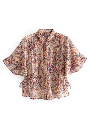 Blouse marron clair avec manches courtes volantées et motif abstrait paisley coloré dans des tons bleus, bordeaux et beige.