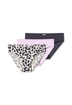 Drei Damen-Bikini-Unterhosen in Leopardenmuster, helllila und dunkelgrau, schichtweise auf weißem Hintergrund angeordnet.