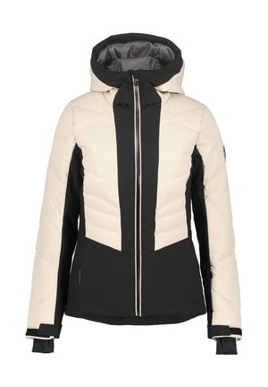 Beige en zwarte geïsoleerde winterjas met capuchon, rits aan de voorkant en verstelbare polsbanden, ontworpen voor koud weer.