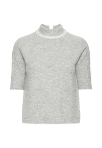 Maglione grigio a maniche corte con collo alto, caratterizzato da un tessuto strutturato e una rifinitura decorativa con perline simili a perle intorno al collo.