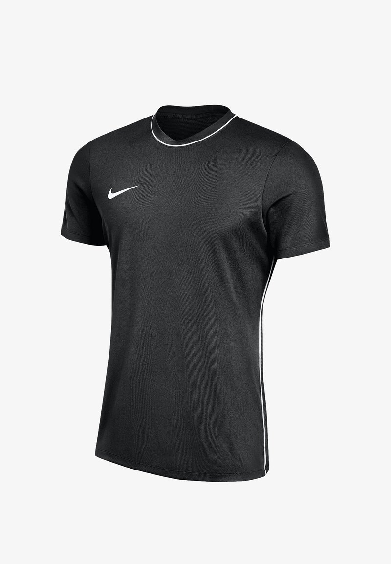 Camiseta deportiva negra de manga corta con logo blanco de Nike en el pecho y ribete blanco en el cuello y costuras laterales.