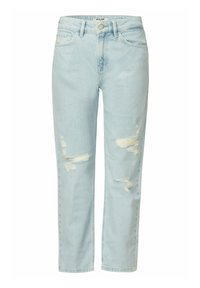 Jeans de mezclilla azul claro con un corte relajado, que presentan desgaste y parches deshilachados en la parte frontal. Diseño clásico de cinco bolsillos con pasadores para cinturón.