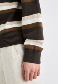 Strikket genser med brune, beige og hvite horisontale striper, ribbede mansjetter og en myk tekstur, sammen med lyse bukser.