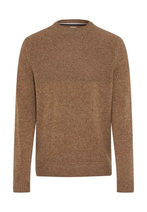 Brun strikket sweater med rund halsudskæring, struktureret øverste del og ribbede ærmer og kant. Blødt stof i en varm, jordnær tone.