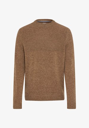 Bruine gebreide trui met een ronde hals, getextureerd bovenstuk en geribde manchetten en onderrand. Zachte stof in een warme, aardse tint.