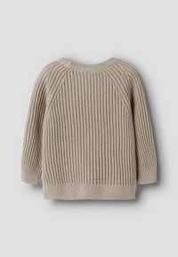 Maglione beige lavorato a maglia con trama a coste, scollatura rotonda e maniche raglan. Presenta maniche lunghe e orlo dritto nella parte inferiore.
