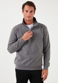 Felpa grigia con zip, colletto alto, maniche lunghe, polsini a costine e texture liscia. Presenta una cucitura orizzontale sul petto.