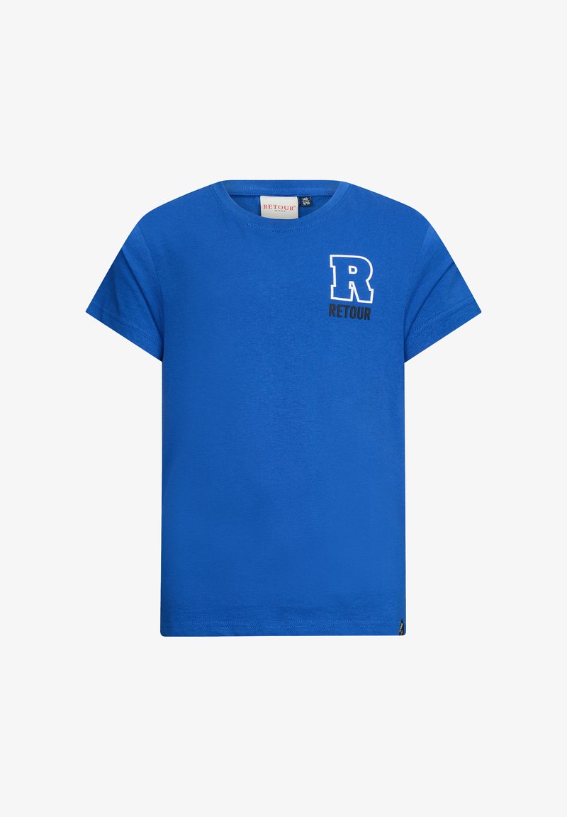 Niebieska bawełniana koszulka z krótkim rękawem, okrągłym dekoltem i białym logo "R" oraz napisem "RETOUR" na lewej piersi. Gładka tekstura, casualowy design.