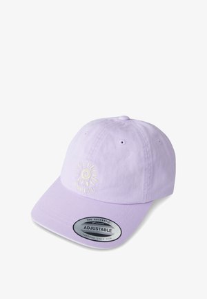 Verstelbare lavendelkleurige katoenen pet met een geborduurd zonontwerp in het wit en een merklabel aan de zijkant. Glad materiaal, casual vorm.