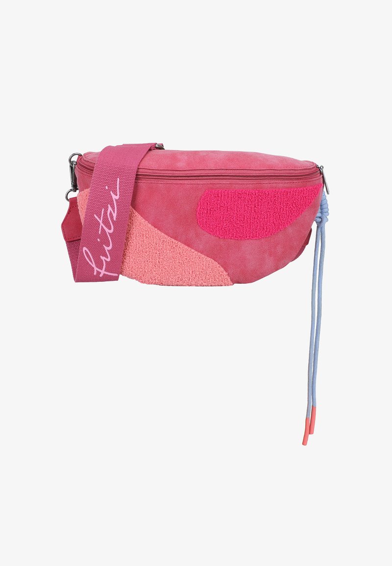 Pink and coral crossbody bag with textured fabric, a zip closure, and a pink strap featuring white lettering. Distinct color block design.